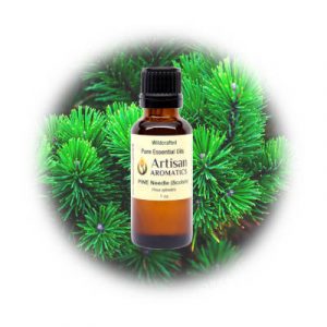 Pine essential oil by Artisan Aromatics on a pine background