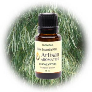 Eucalyptus essential oil by Artisan Aromatics on an eucalyptus background