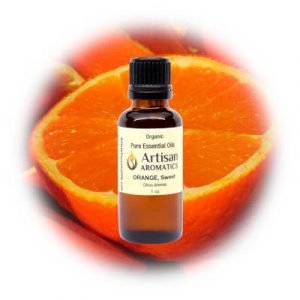 Orange essential oil by Artisan Aromatics on an orange background