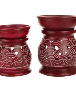 red soapstone oil burner / diffuser carved braids front view 4 and 3.25 inches tall
