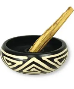Incense burner Peruvian ceramic holder 5 inch for Palo Santo stick side view with incense stick