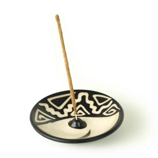 Peruvian stick incense burner made of ceramic, black and white 4.75 inches, with incense stick