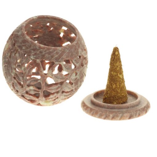 Soapstone tea light ball with leaves 3" candle and incense burner - open with cone incense view