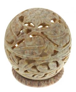 Soapstone tea light ball with large leaves 3" candle and incense burner - front view