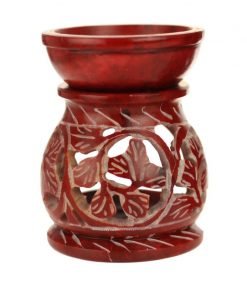 Red soapstone Oil burner / diffuser round leaf pattern 3.25 inches tall