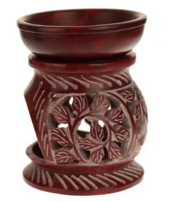Red soapstone oil burner-diffuser round leaves 4 inch side view
