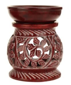 Red Soapstone oil burner diffuser with round leaves 4 inches tall