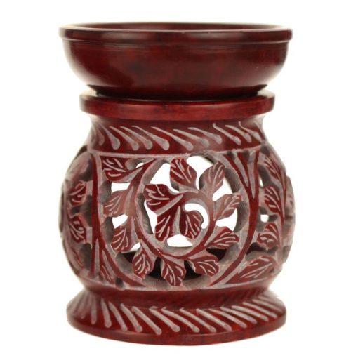 Red Soapstone oil burner diffuser with round leaves 4 inches tall