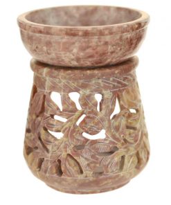 soapstone oil burner with ivy leaves pattern - 4 inches tall - front