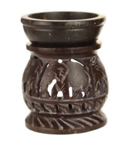 Dark Brown soapstone oil burner with elephants 3.25 inches tall