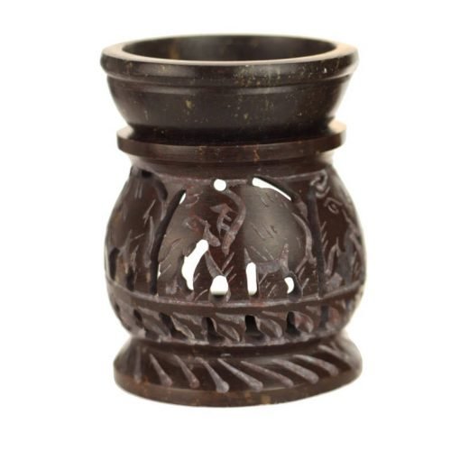 Dark Brown soapstone oil burner with elephants 3.25 inches tall