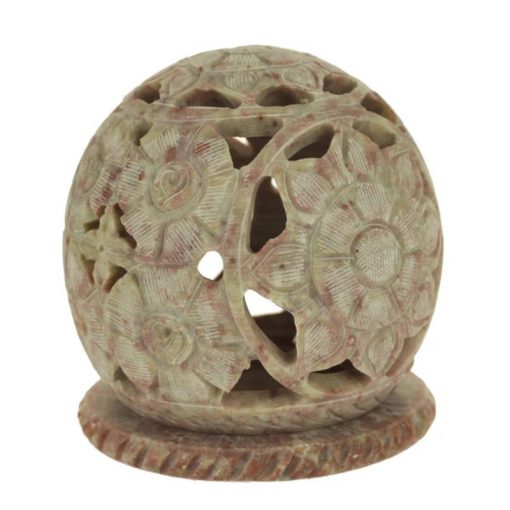 Soapstone tea light ball with flowers 3" candle and incense burner - corner side view