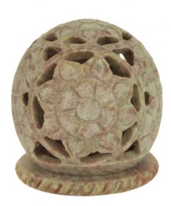 Soapstone tea light ball with flowers 3" candle and incense burner - front view
