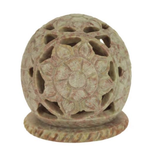 Soapstone tea light ball with flowers 3" candle and incense burner - front view