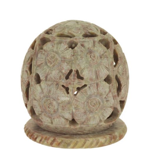 Soapstone tea light ball with flowers 3" candle and incense burner - left side view