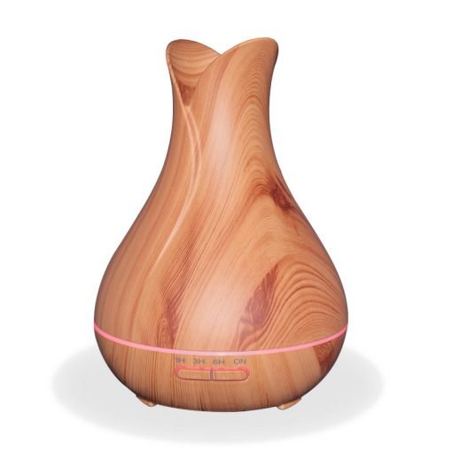 Aromar Bloom Wood Diffuser with red light on a white background