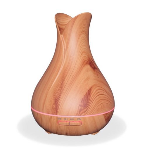 Aromar Bloom Wood Diffuser with red light on a white background