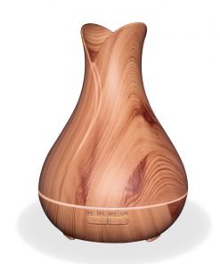 Aromar Bloom Wood Diffuser with yellow light on a white background
