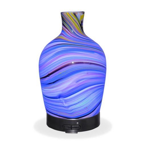 Aromar Glass Abstract Decanter Diffuser with blue light on a white background