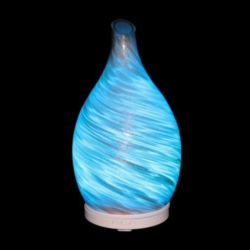 Amphora Copper Diffuser with cyan light on a black background