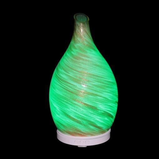 Amphora Copper Diffuser with green light on black background