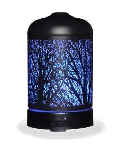 Aromar Black Grove Diffuser with blue light on a white background