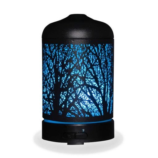 Aromar Black Grove Diffuser with light blue light on a white background