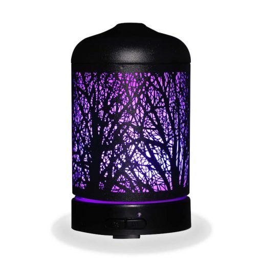 Aromar Black Grove Diffuser with purple light on a white background