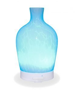 Aromar Decanter Abstract White Diffuser with light blue light on a white background