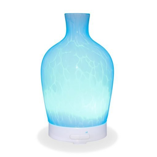 Aromar Decanter Abstract White Diffuser with light blue light on a white background