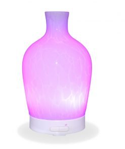 Aromar Decanter Abstract White Diffuser with a purple light on a white background