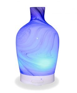 Aromar Decanter Abstract Grey Diffuser with blue light on a white background