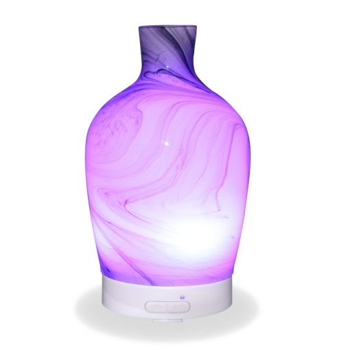 Aromar Decanter Abstract Grey Diffuser with purple light on a white background