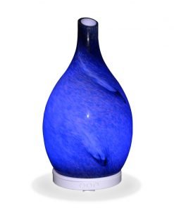 Aromar Rotating Amphora Blue Diffuser with blue light on a white background