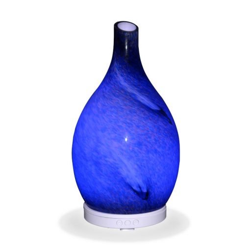 Aromar Rotating Amphora Blue Diffuser with blue light on a white background