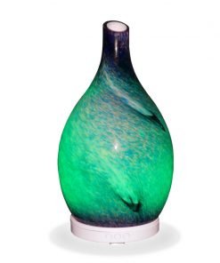 Aromar Rotating Amphora Blue Diffuser with green light on a white background