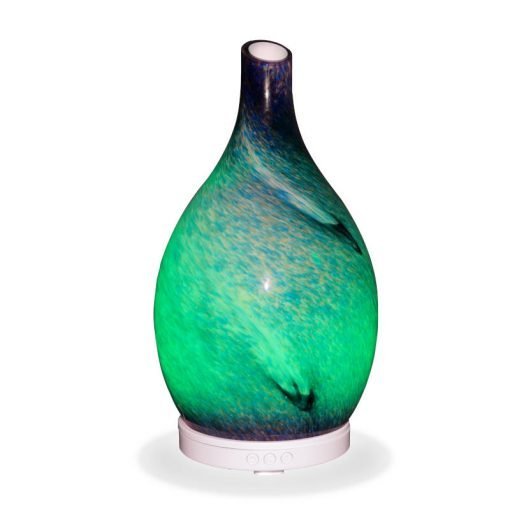 Aromar Rotating Amphora Blue Diffuser with green light on a white background