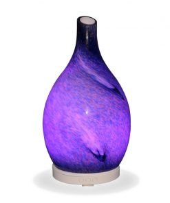 Aromar rotating Amphora blue diffuser with purple light on white background