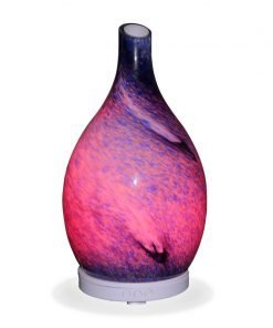 Aromar Rotating Amphora Blue diffuser with red light on a white background
