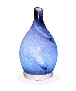 Aromar Rotating Amphora shaped blue diffuser with white light on a white background