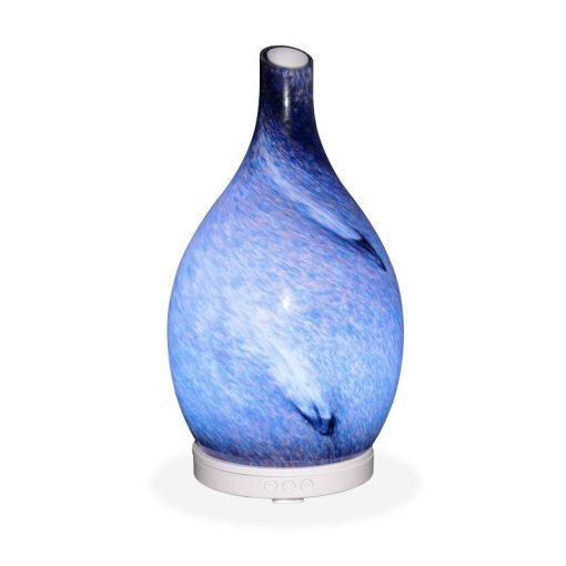 Aromar Rotating Amphora shaped blue diffuser with white light on a white background