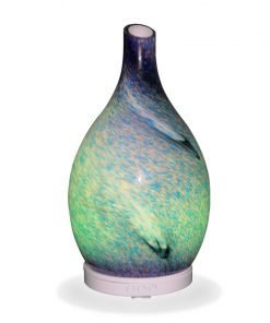Aromar Rotating Amphora Blue Diffuser with yellow light on a white background