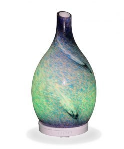 Aromar Rotating Amphora Blue Diffuser with yellow light on a white background