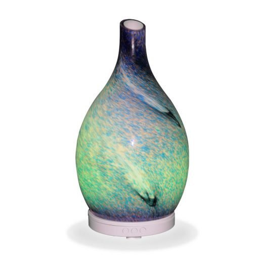 Aromar Rotating Amphora Blue Diffuser with yellow light on a white background