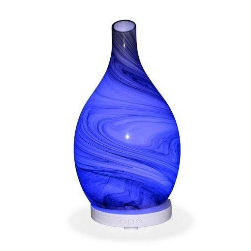 Aromar Amphora Grey Diffuser with blue light on a white background