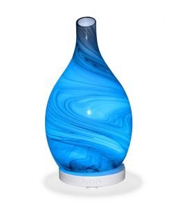 Aromar Amphora Grey Diffuser with light blue light on a white background