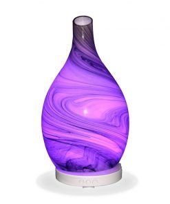 Aromar Amphora Grey Diffuser with purple light on a white background