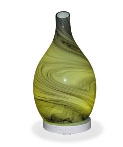 Aromar Amphora Grey Diffuser with yellow light on a white background