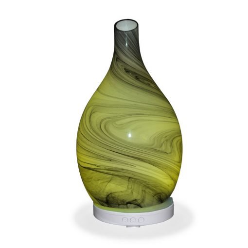 Aromar Amphora Grey Diffuser with yellow light on a white background