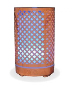 Aromar Tranquil Wood Diffuser with blue light on a white background